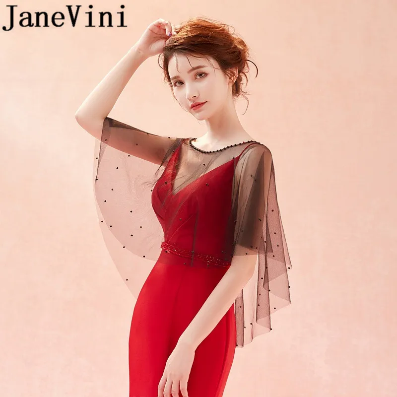 

JaneVini 2018 Sexy Black Wedding Jackets Women With Pearls Cut Edge Hochzeit Bolero Wedding Dress Accessory Bridal Shawl Wrap