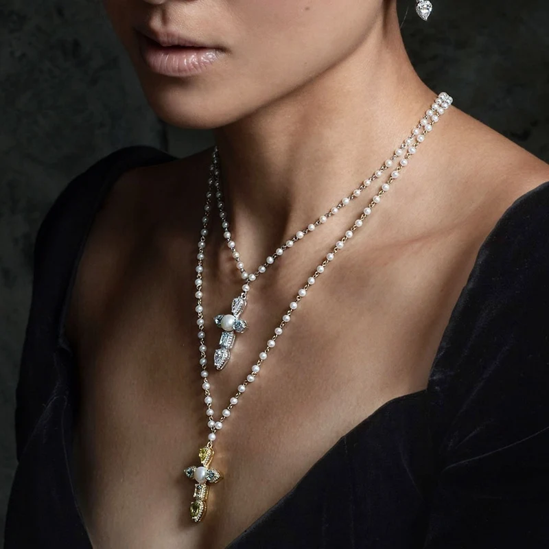 

YP1443 Luxury Hot 925 Sterling Silver Cubic Zircon Pearl Collar Necklace Cross Pendant Chain Necklace Women Jewelry Gift Xmas