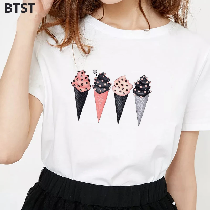 

Women's Kawaii 90s Pink Ice Cream Casual Harajuku Tees 100% Cotton T-shirt for Women Plus Size Graphic Tees Women