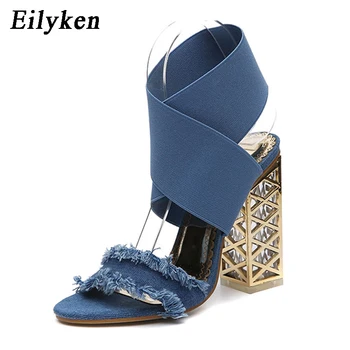 

Eilyken Fashion Black Blue Denim Women Sandals Clear Heel Crystal Elastic band Pumps Sandals Rome Sandals For Women