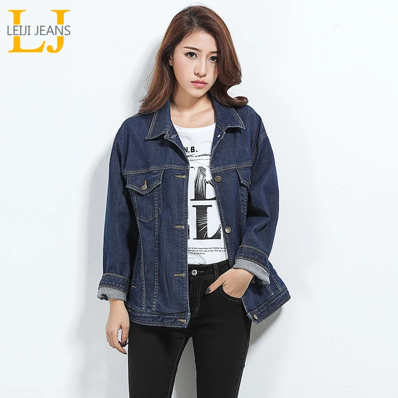 LEIJIJEANS 2018 Spring Plus Size Solid Vintage Blue Turn Down Collar Full Sleeves Standard Outwear Loose Women Denim Jacket 5630