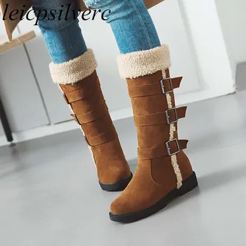 

Women Boots Autumn Winter Med Heel Warm Flock Knee High Round Toe Slip on Height Increasing 2018 New Sexy Fashion Casual Black