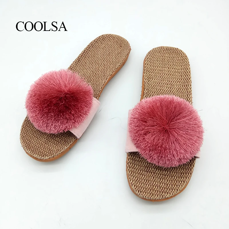 Тапки COOLSA женские льняные с помпоном пушистые дышащие домашние тапочки модные