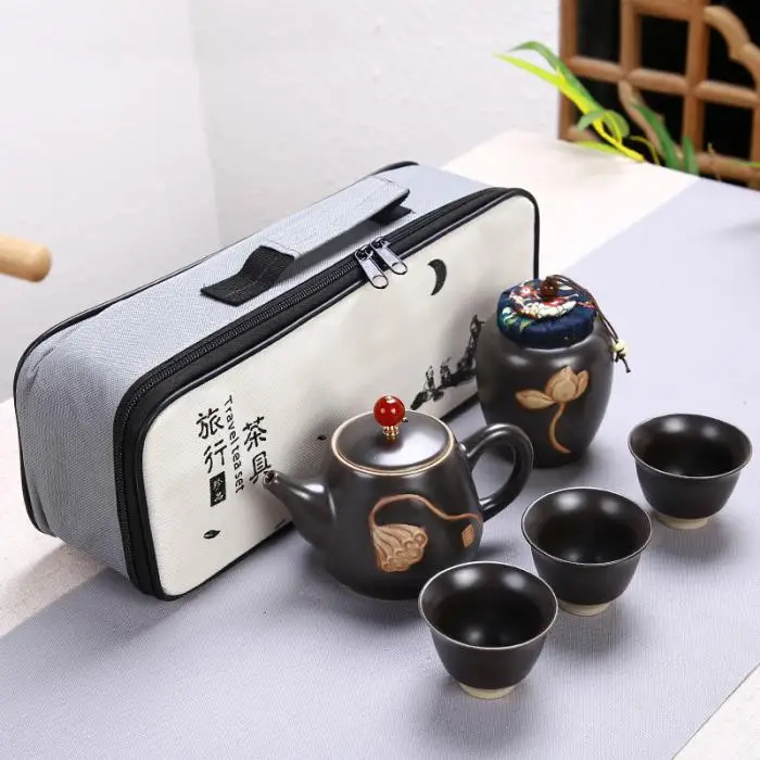 Portable Chinese Tea Set Ceramic Teapot Leaves Jar 3 Porcelain Tea Cups with Carrying Case YU-Home