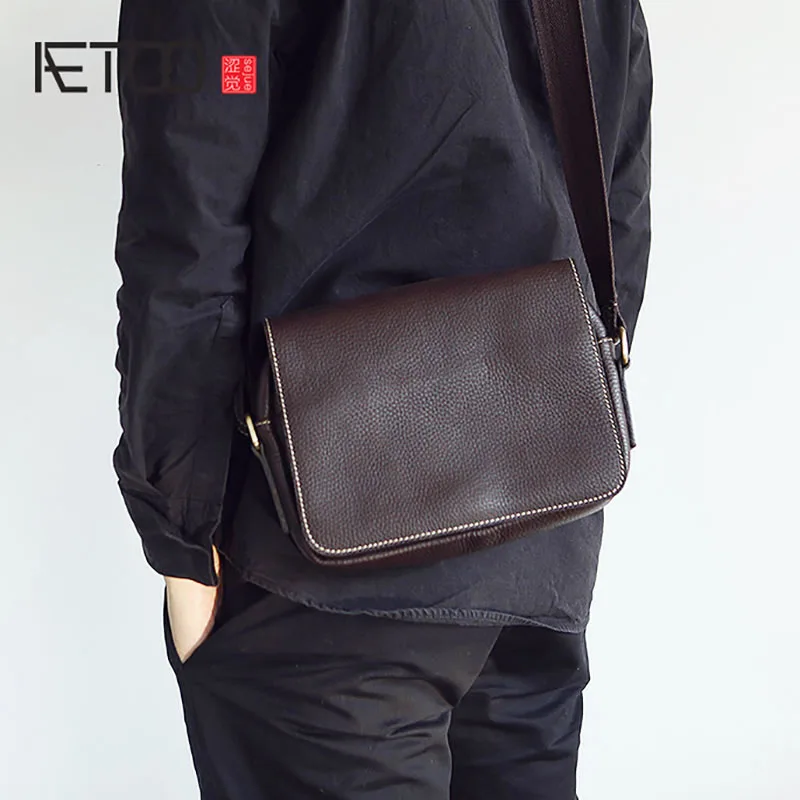 

BJYL Men's head cowhide shoulder bag retro leather oblique cross small bag handmade leather women's casual bag