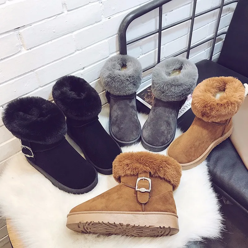 HEE GRAND Buckle Faux Suede Leather Women Winter Snow Boots Warm Girl Platform Ankle Boots Slip On Plush Fur Shoes Women XWM281