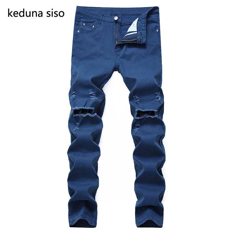 

New Summer Blue Black Biker Jeans Mens Skinny Knee Ripped Moto Jeans Hiphop Street Hole Distressed Jogger Jeans for Male