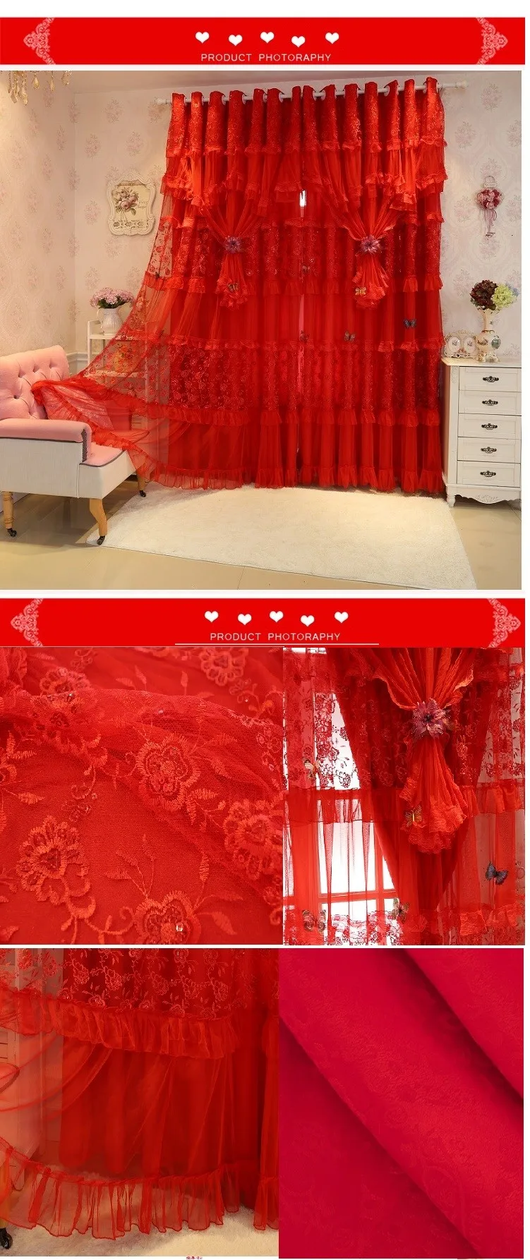 Вышивка Кружево Cortinas роскошный красный Шторы S для гостиной радостной свадьбы плотные Шторы комплект Cortina rideaux Pour le salon