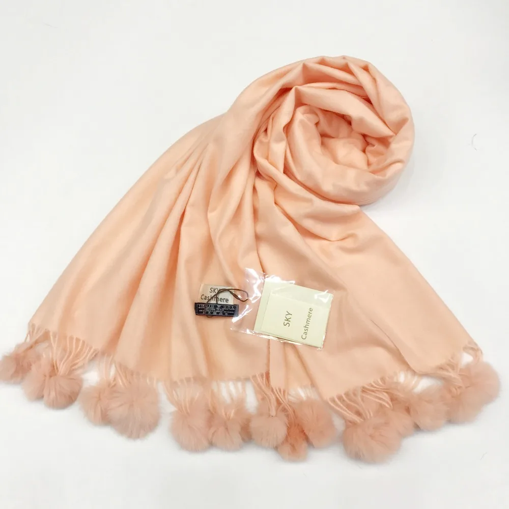 Роскошный брендовый однотонный кашемировый шарф Пашмина с кроличьим меховым шаром женское длинное одеяло шарф обертывание шерстяные