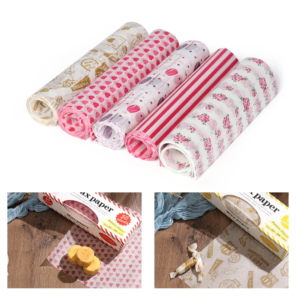 

50PCS/Set 5 Styles Food Packing Wax Paper Waterproof Cake Macaron Greaseproof Sheet Wrap Food Wax Paper Kitchen Supplies