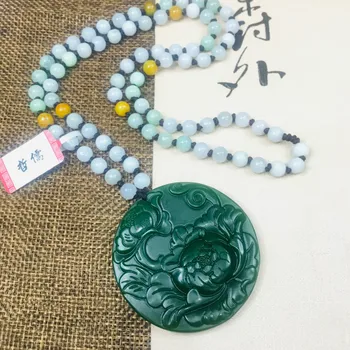 

Zheru Jewelry Pure Natural Jasper Carved Green Round Lotus Pendant Tricolor Jadeite Bead Necklace Send Class A Certificate