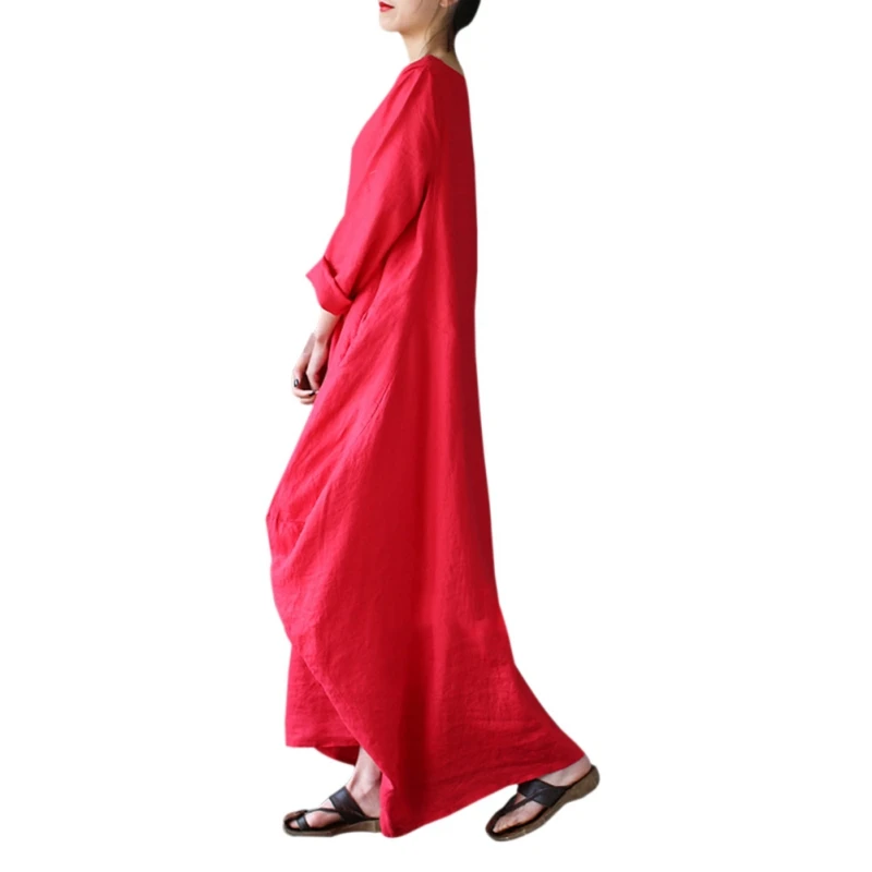 Women Crew Neck Loose Casual Solid Cotton Linen Baggy Oversized Solid Long Maxi Dress Plus Size