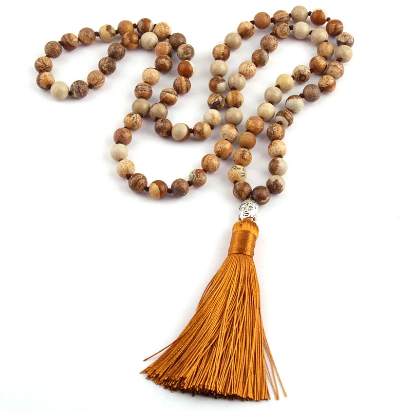 

Free Shipping Fashion Yoga Jewelry Brown Stones Bohemian Tribal Jewelry Buddha Long Tassel Necklace