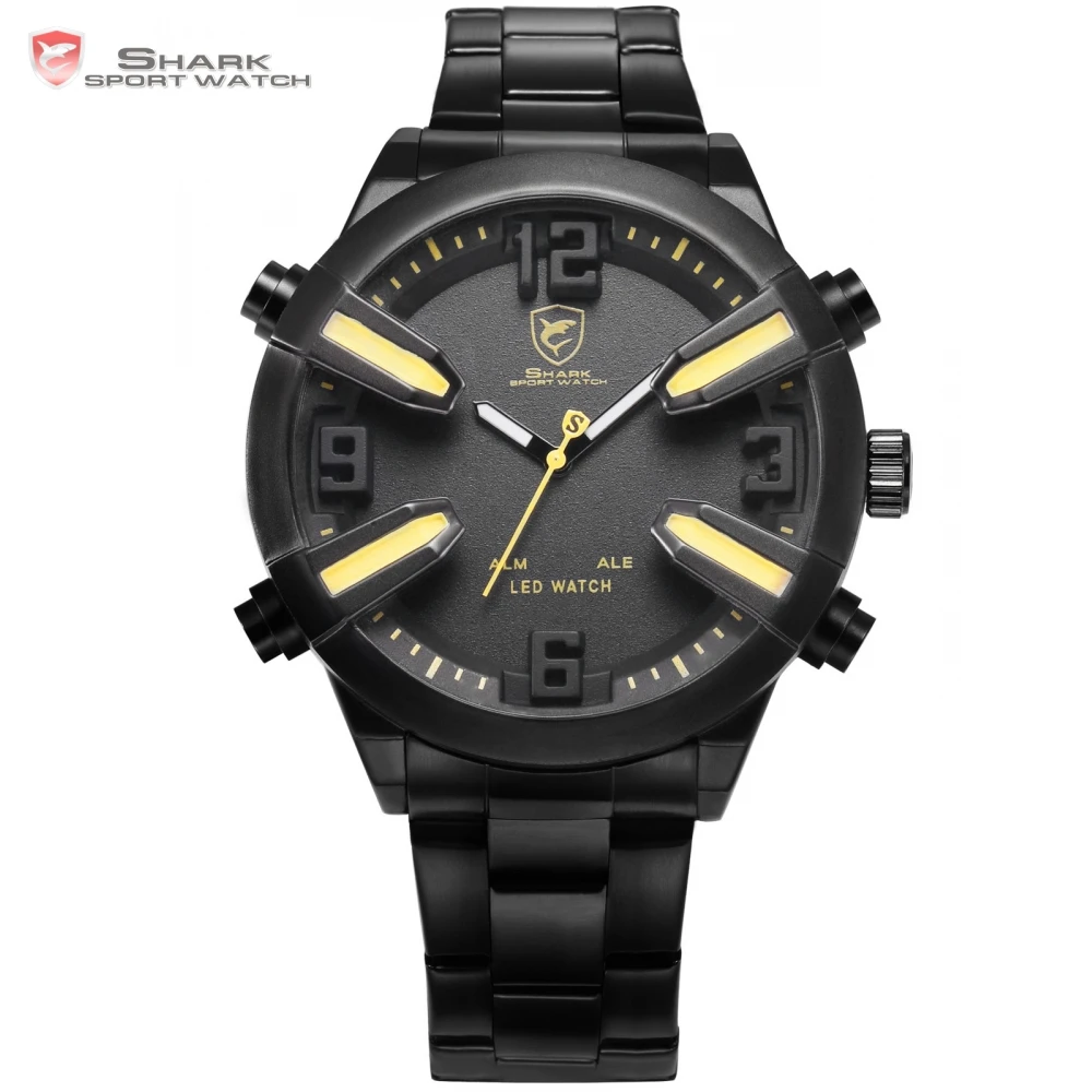 Догфиш Акула Спортивные Часы 2-й Желтый Дата Аварийный СВЕТОДИОД Dual Time Браслет Из
