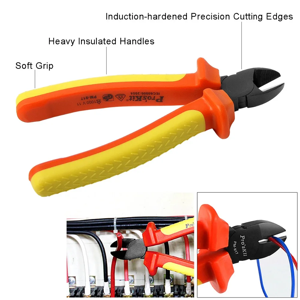 PM-917 Pro'skit High Voltage Insulation Diagonal Cutting Pliers Side Cutter(165mm) Electrician Cable Wire Nipper Tools