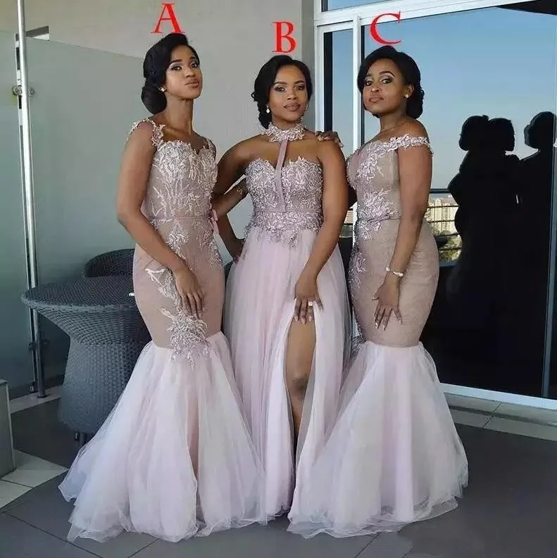 US $76.99 Fast Shipping Customized 3 Style African Mermaid Pink Bridemaid Dresses Lace Appliqued Tulle Prom Dresses Wedding Party Gowns