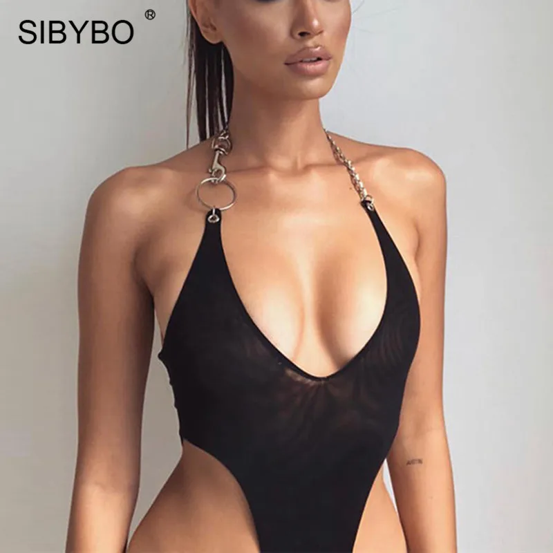 Sibybo/Сексуальное Женское боди без рукавов с металлической цепочкой и сеткой, прозрачный летний женский комбинезон с открытой спиной, боди для ночного клуба