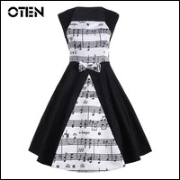 OTEN-Vintage-Retro-50s-Women-Summer-Sleeveless-Music-Note-Bow-Patchwork-Square-Collar-Knee-Length-party