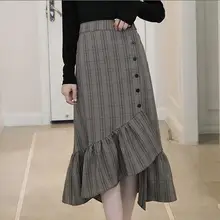 Женская винтажная клетчатая плиссированная юбка с боковой однобортной пуговицей, элегантная юбка с высокой талией