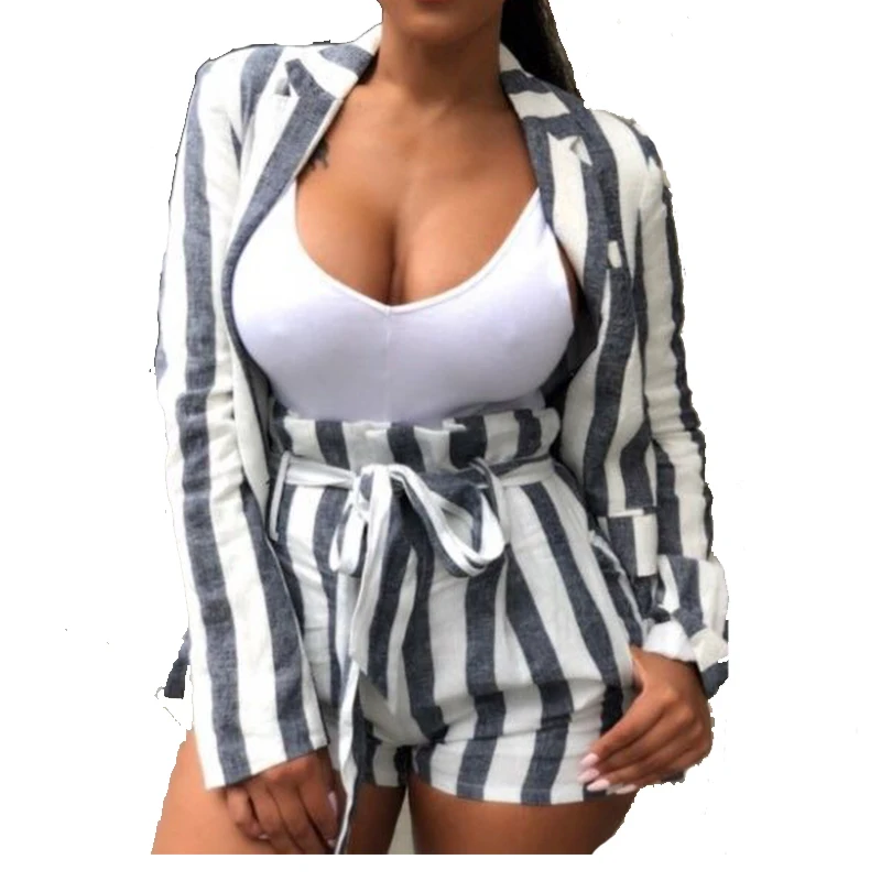 

Sexy 2 Piece Set Women Striped Two Pieces Outfits Turn-down Collar Blazer Coat Pocket Shorts Suit Casual Matching Sets for Work