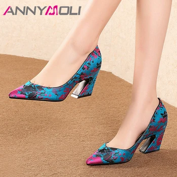 

ANNYMOLI High Heels Women Pumps Silk Flower Strange Style High Heels Shoes Mixed Colors Pointed Toe Lady Shoes Red Plus Size 43