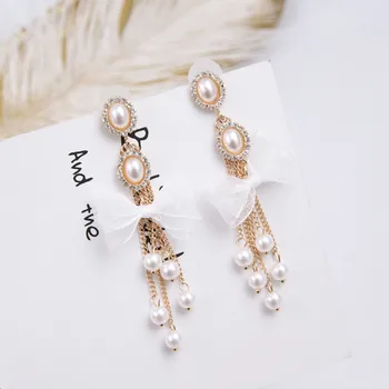 

Fashion Cute White Bowknot Long Chain Tassel Charm Simulated Pearl Pendant Drop Earrings Korean Elegant Jewelry For Women 6A3010