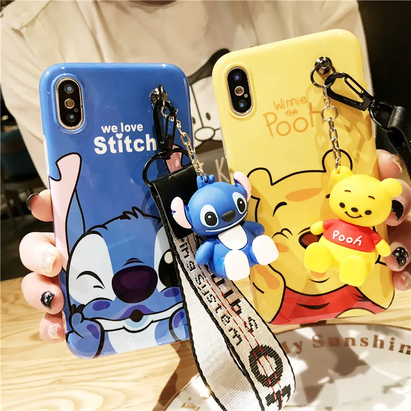 

Super cute Stitch mini Pooh dinosaur lanyard+tand silicone personality drop case for iphone 6 7 8 Plus X XR XS MAS phone cases