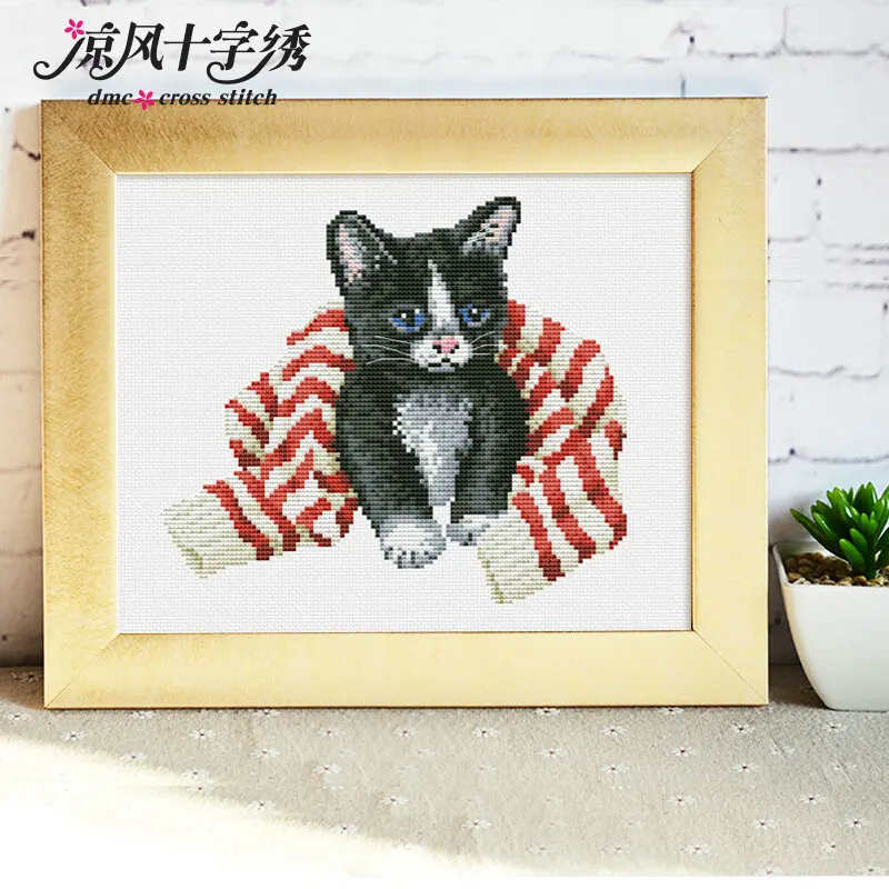 Red sweater kitten cross stitch kit DMC brand thread animal dog count canvas fabric embroidery handmade needlework | Дом и сад