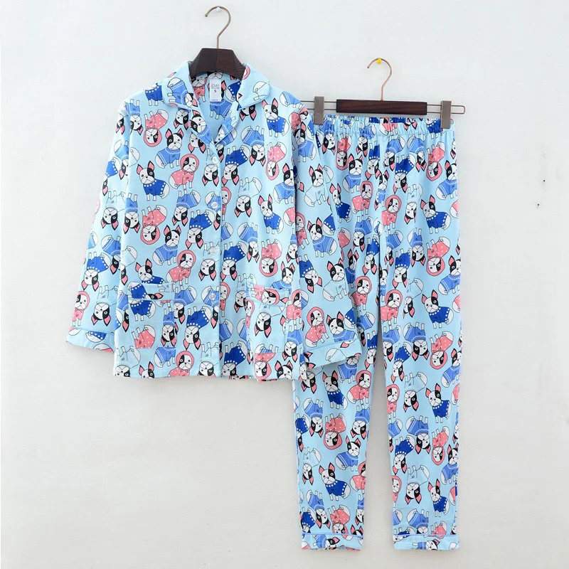 

New Autumn Winter Pajamas Women Bulldog Print Brushed Cotton Light Blue 2 Pieces Set Long Sleeve Elastic Waist Lounge pyjamas