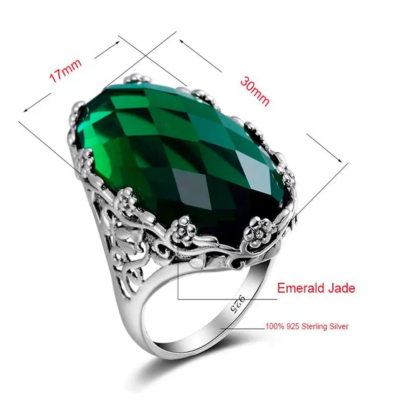 Кольцо с кристаллами из русского зеленого камня, большой камень, цветочный узор, чистое серебро 925 пробы, кольцо для женщин, классическое винтажное ювелирное изделие