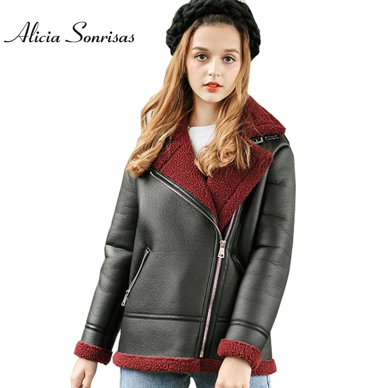 

Women Shearling Faux Sheepskin Coat New 2017 Autumn Winter Green Red PU Warm Thick Street Motorcycle Fur Coat UV3713