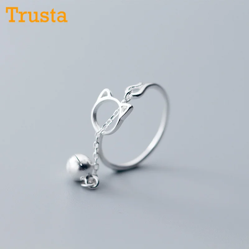 

Trusta 100% 925 Solid Real Sterling Silver Cartoon Cat Bell Opening Ring 6 7 8 For Women Creative Cute Style Girl Jewelry DS1136