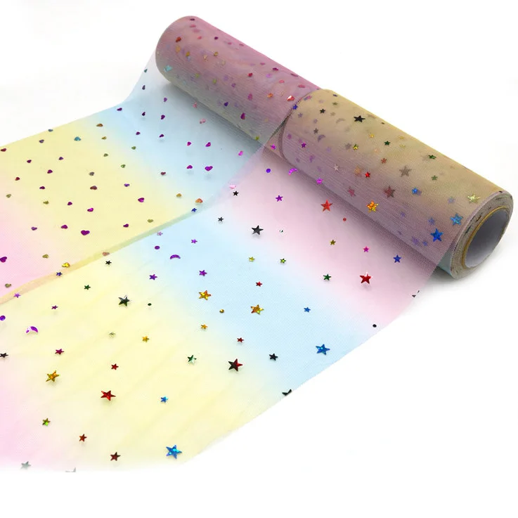 

6 inch Holographic RAINBOW Tiny Heart Tulle Metallic tulle Wedding Decoration Mariage Fabric Glitter Tulle Roll DIY Craft Birthd