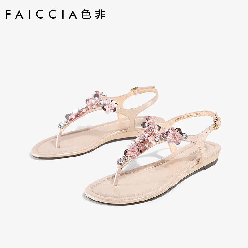 

Color Sandals Woman Buckle Rhinestone Low Slope Fairy