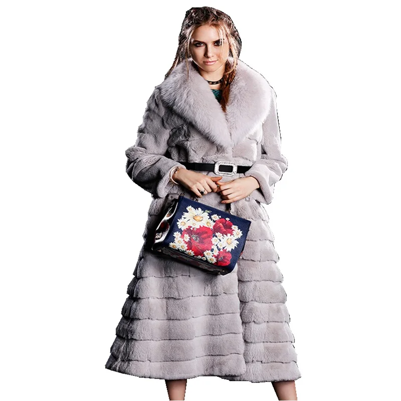 Lady Real Rex Rabbit Fur Coat Jacket Fox Collar Autunno Inverno Genuine Women X-Long Trench Capispalla Lf4216