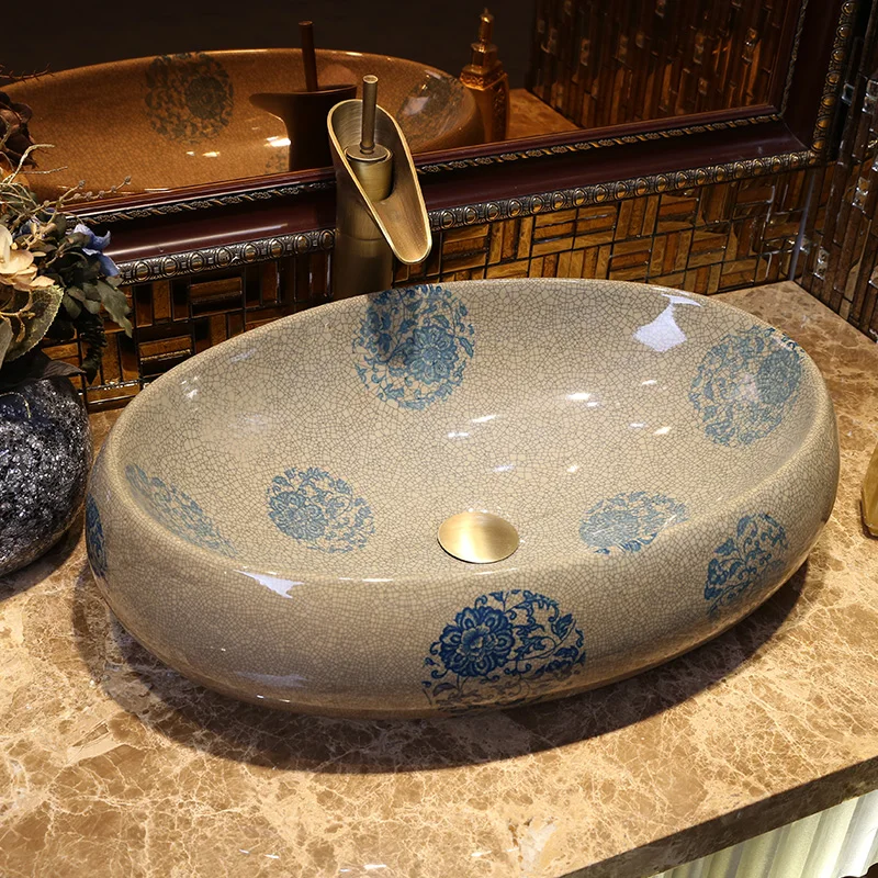 Oval Handmade China Artistic Art wash basin Ceramic Counter Top Wash Basin Bathroom Sinks blue and white handmade bathroom sinks (4)