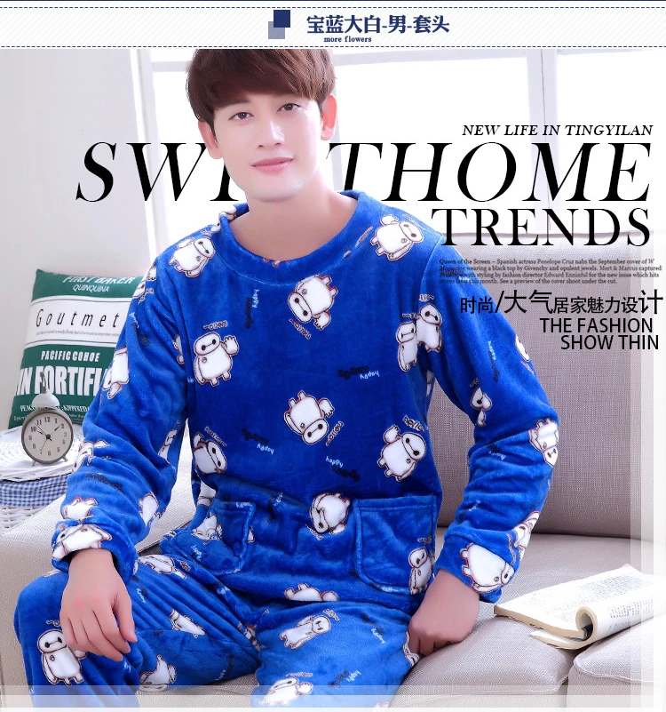 Men Pajama Sets Winter Autumn Coral Fleece Warm Men Sleepwear Suits Thick Homewear Long Sleeve Pijama Man Sleep Pyjama XXXL