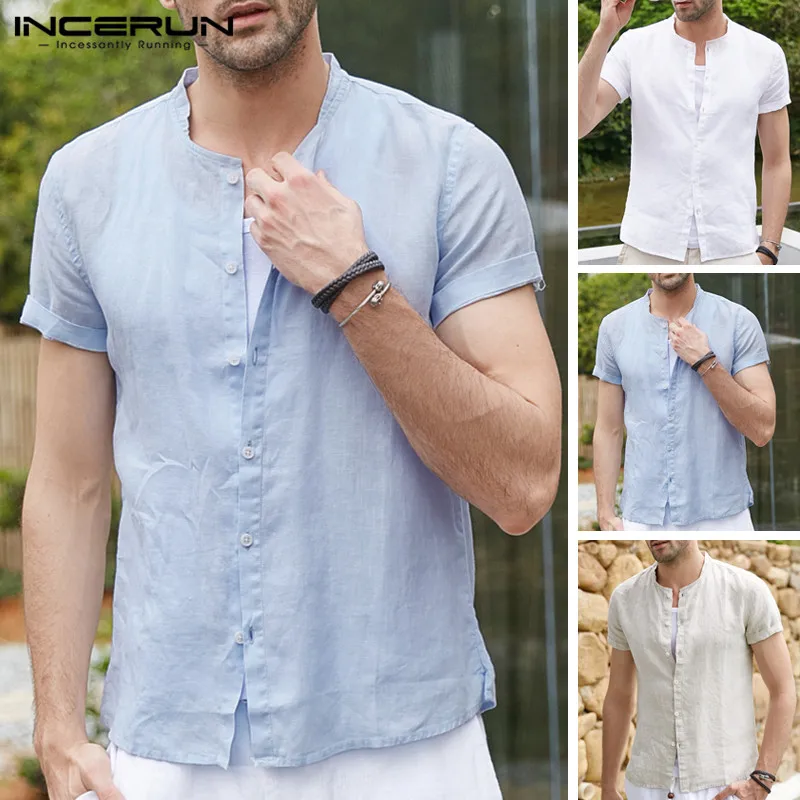 

INCERUN Thin Section Men's Short-sleeved Solid Color Stand Collar Shirt Baseball Summer Slim Loose Casual Breathable 2020 Shirt