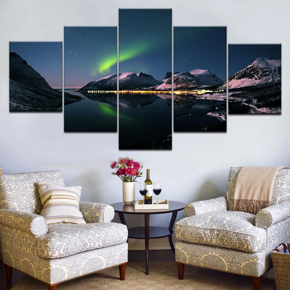 HD printed 5 Piece Canvas Art Psychedelic Aurora Lake Ice Mountain painting Posters and Modular Living Room Bedroom Home Decor | Дом и сад