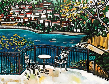 

Modern handmade painting small town at lakeside on oil canvas for living room decor and wallpaper