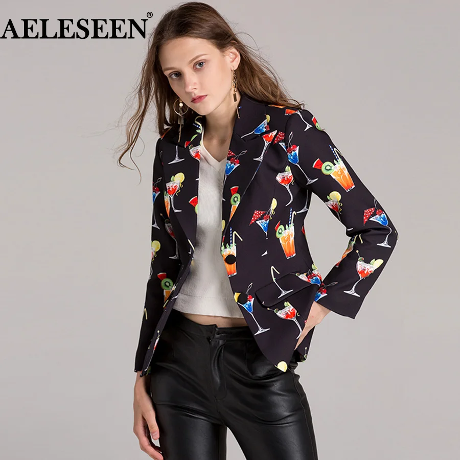 

AELESEEN Women Blazers Jacket Fashion 2018 Autumn Winter New Wineglass Cocktail Print Vintage Long Sleeve Short Slim Blazers
