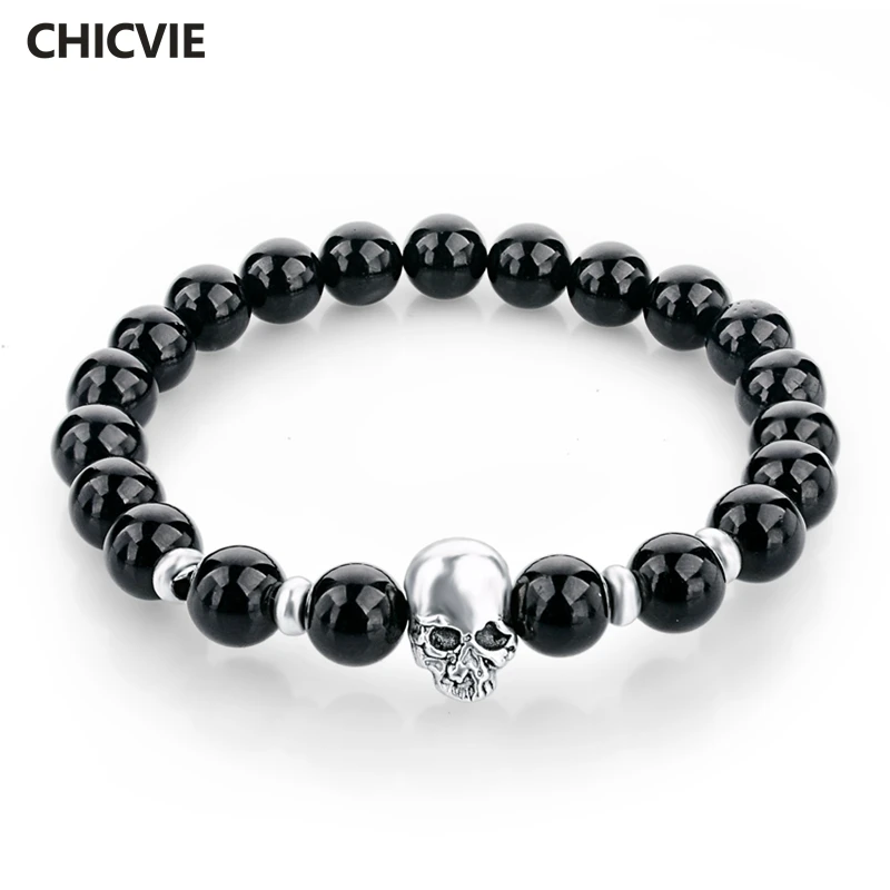

2015 New Products Beaded 8MM Black Natural stone beads Skull Elastic Bracelets for Men and Women's Gift SBR150172