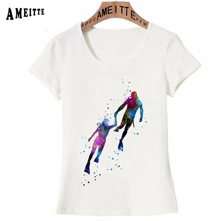 

Scuba Divers Couple Watercolor T-Shirt Summer Hipster Women T Shirt Divers Lover Casual Tops Cute Maiden Tees Girl T Shirts