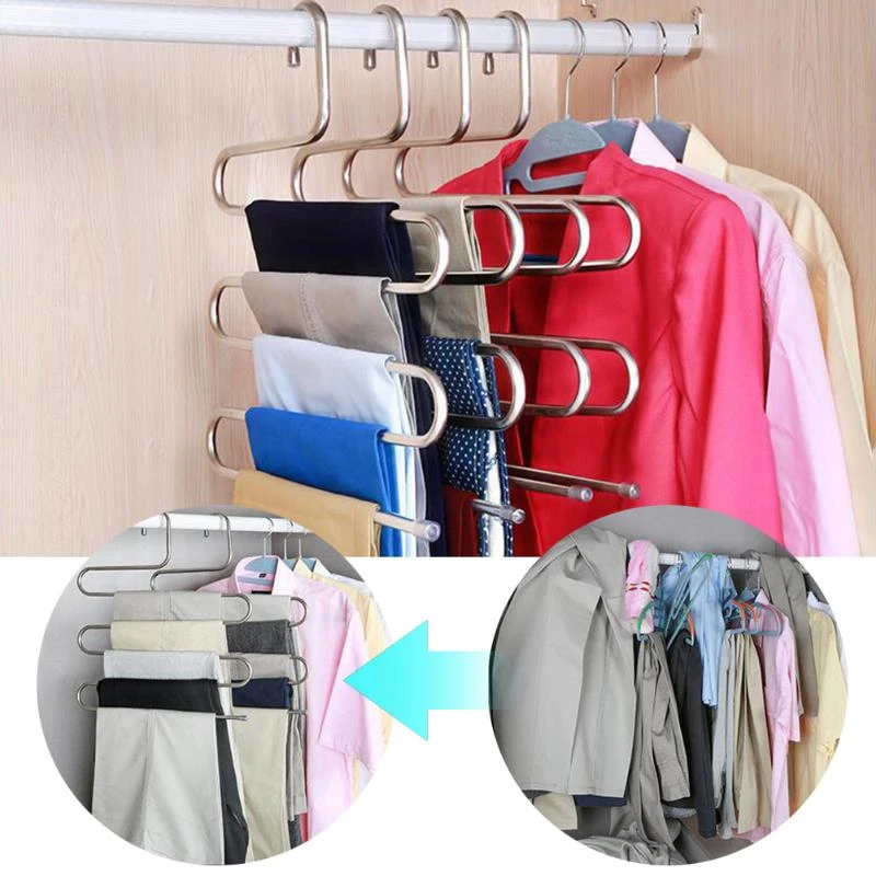Percha de acero inoxidable para ropa y pantalones, colgador de de espacio, soporte de cinturón para armario, organizador de 5 capas tipo S|organizer rack|organizer holderorganizer closet - AliExpress