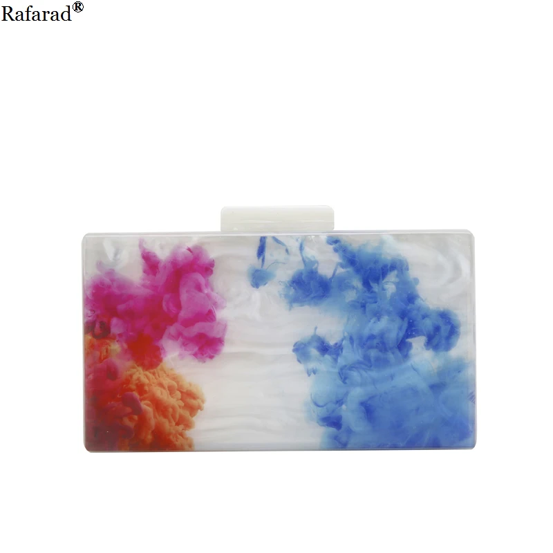 

Pearlescent White Printing Colorful Landscape Women Bag Acrylic Messenger Flap Clasp Lady Purse Handbag Acrylic Clutch Bags