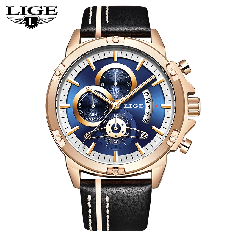 

LIGE Men Watch Top Brand Luxury Waterproof Chronograph Date Quartz Watches Men's Fashion Leather Sports watch Relogio Masculino