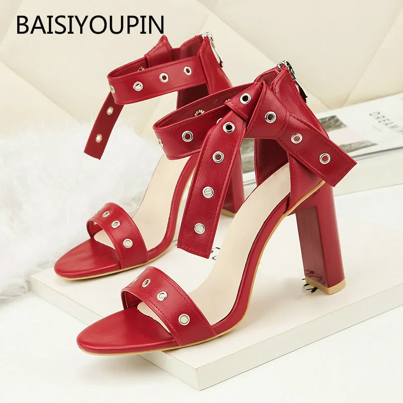 

Sexy Women Sandals Shoes Casual PU Leather Back Zipper Shallow Thick 9cm High Heel Lady Club Party Female Pumps Sandals Shoes