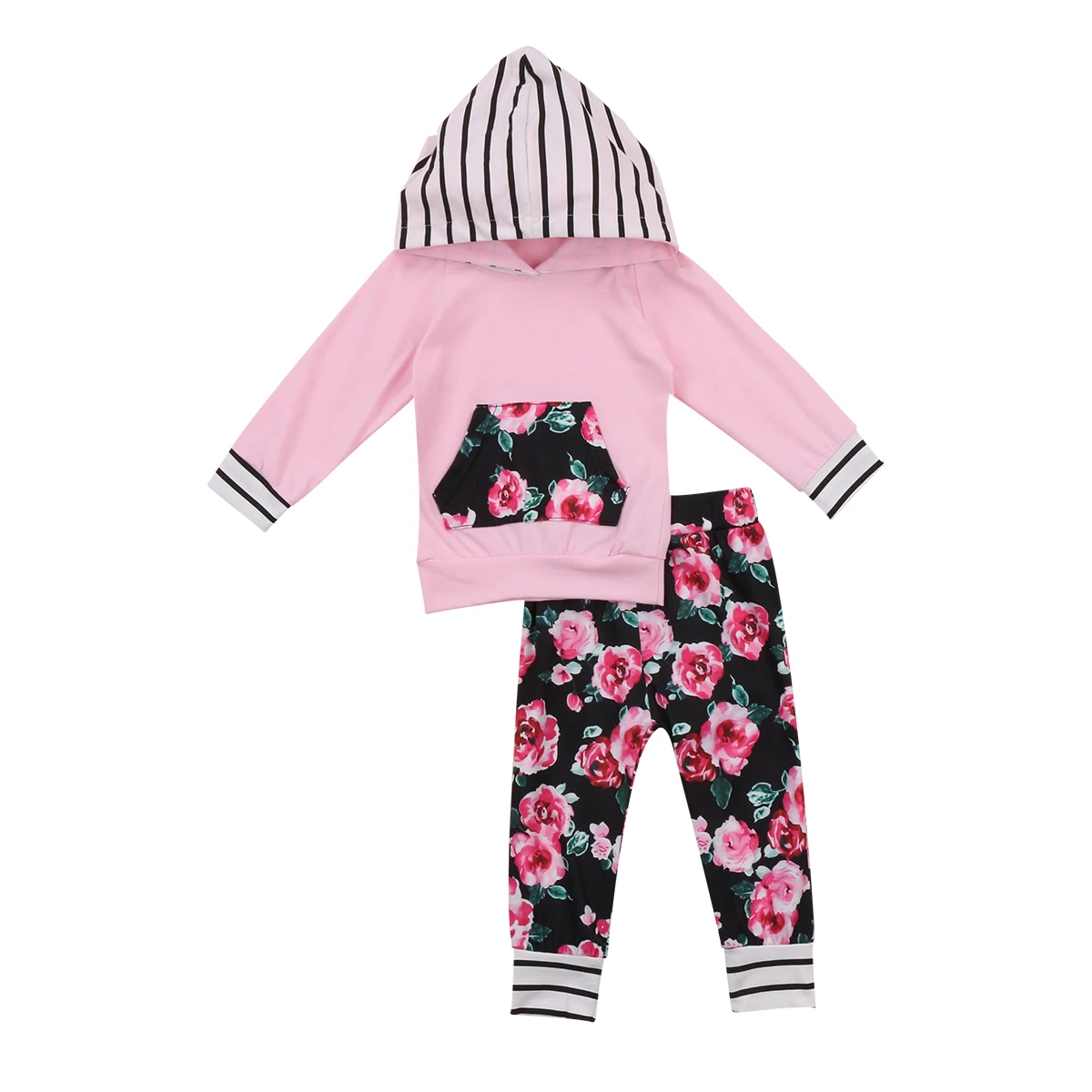 Pudcoco/хлопковая осенняя одежда для новорожденных девочек футболка в полоску с капюшоном и цветочным принтом Топ + штаны с цветочным принтом
