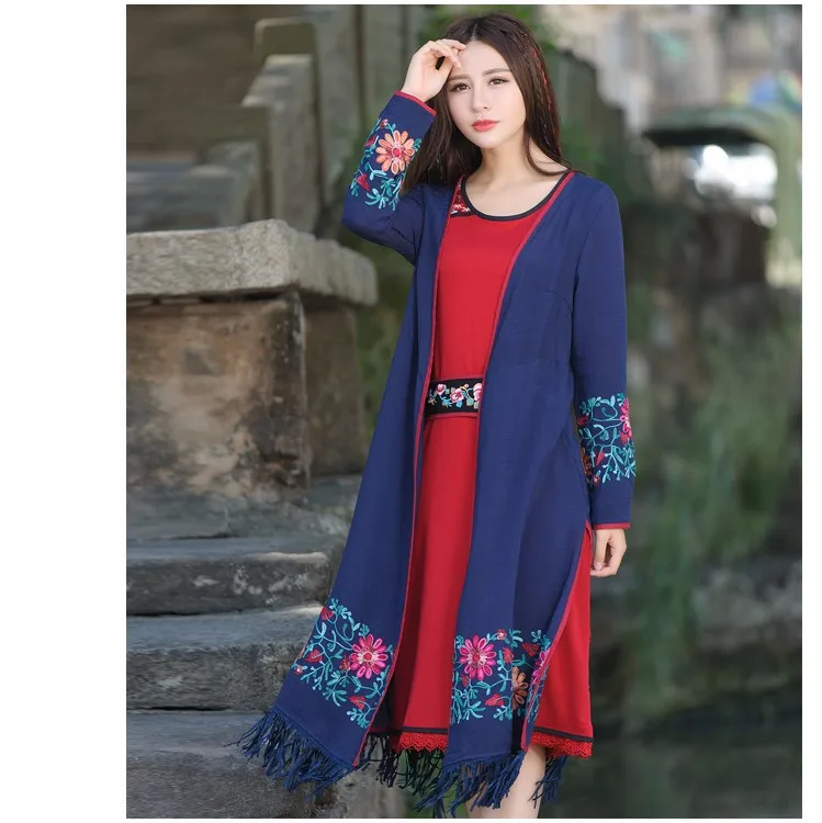 

Ethnic Cardigan Women Autumn Spring Bohemian Vintage Long Sleeve V Neck Dark Blue Tassels Embroidery Cardigan Knitwear Cheshanf