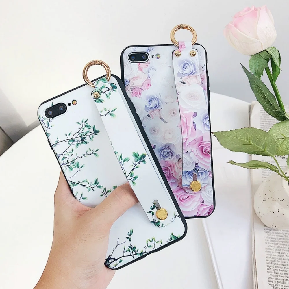 

Flowers Leaves Silicone Case for iPhone 6 8 7 Plus 6s X Cute Shell Cover Bumper Skins with Fashion Line Wristband